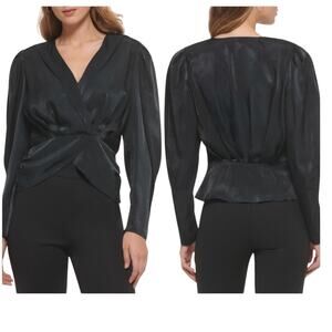 DKNY Black Satin Surplice V-Neck Long Puff Sleeve Peplum Blouse XS NWT